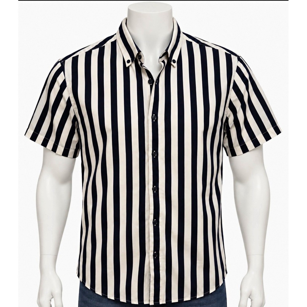 DENIM & FLOWER Ricky Singh Men's Short Sleeve Button Down Striped Shirt M Navy